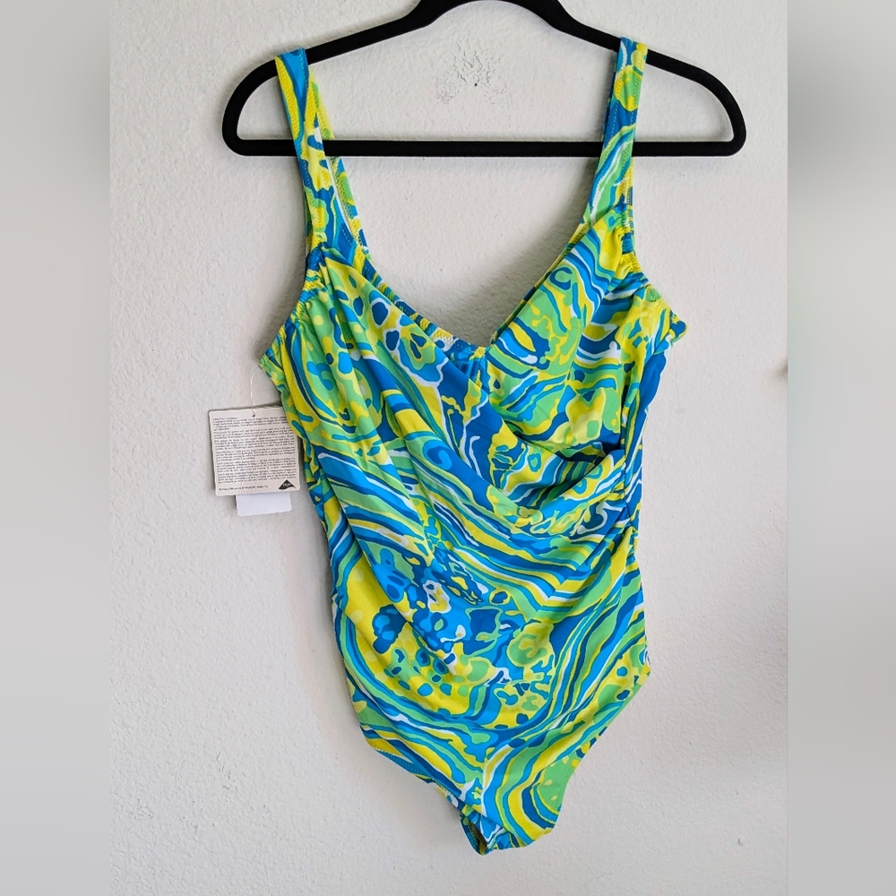 VTG NWT Aquasuit By La Perla One Piece Swimsuit Green Blue Yellow Swirl